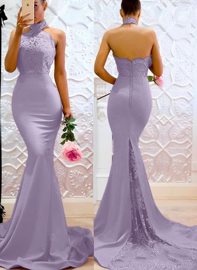 Lace Mermaid Halter Open Back Bridesmaid Dresses With Elastic Satin