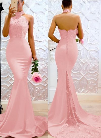 Lace Mermaid Halter Open Back Bridesmaid Dresses With Elastic Satin