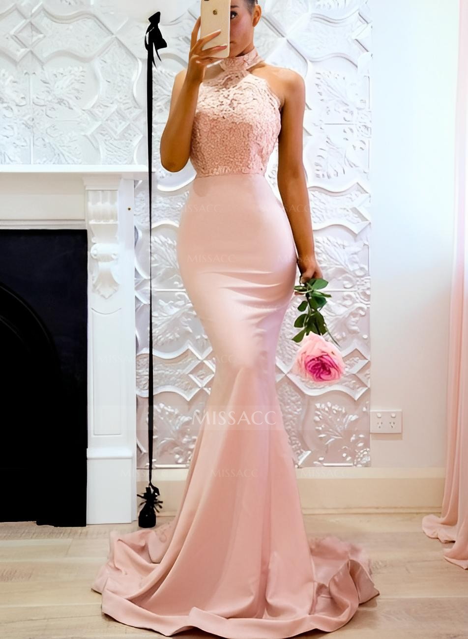 Lace Mermaid Halter Open Back Bridesmaid Dresses With Elastic Satin