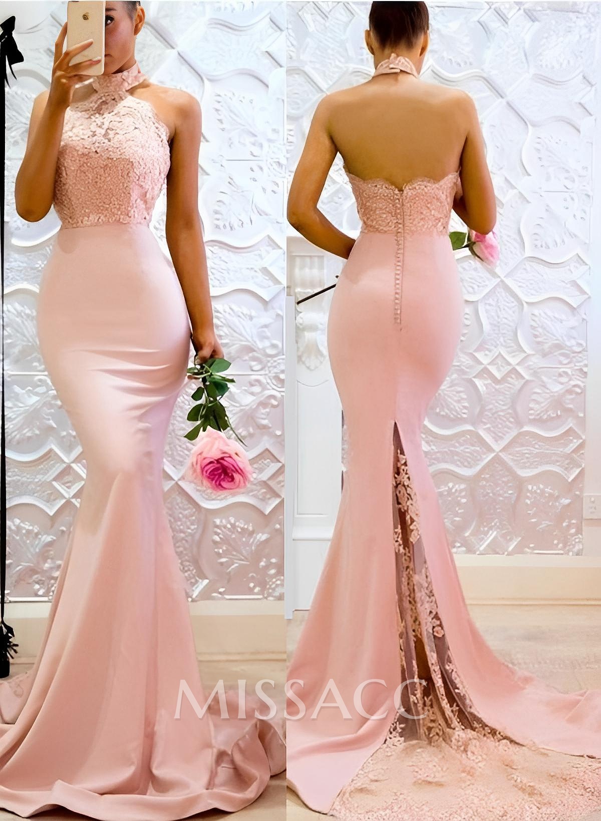 Lace Mermaid Halter Open Back Bridesmaid Dresses With Elastic Satin Lace Mermaid Halter Open Back Bridesmaid Dresses With Elastic Satin