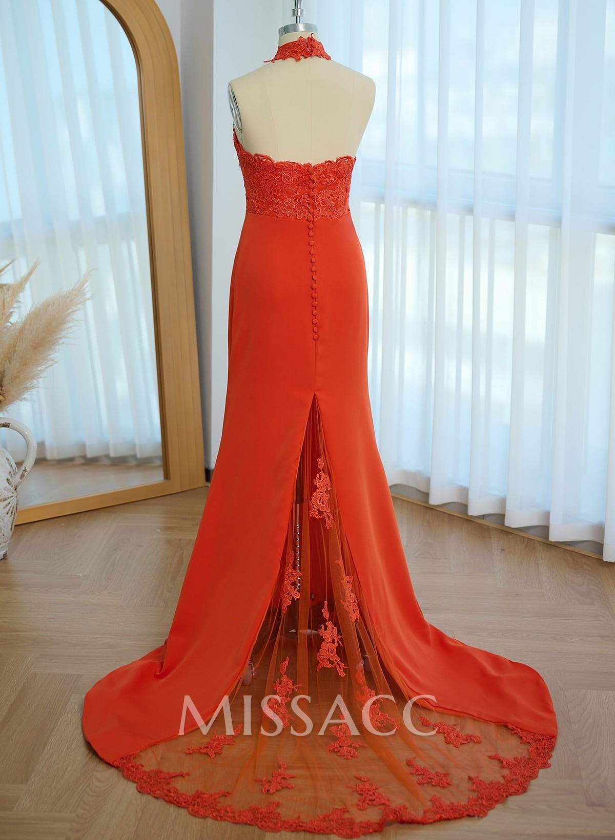 Lace Mermaid Halter Open Back Bridesmaid Dresses With Elastic Satin Lace Mermaid Halter Open Back Bridesmaid Dresses With Elastic Satin