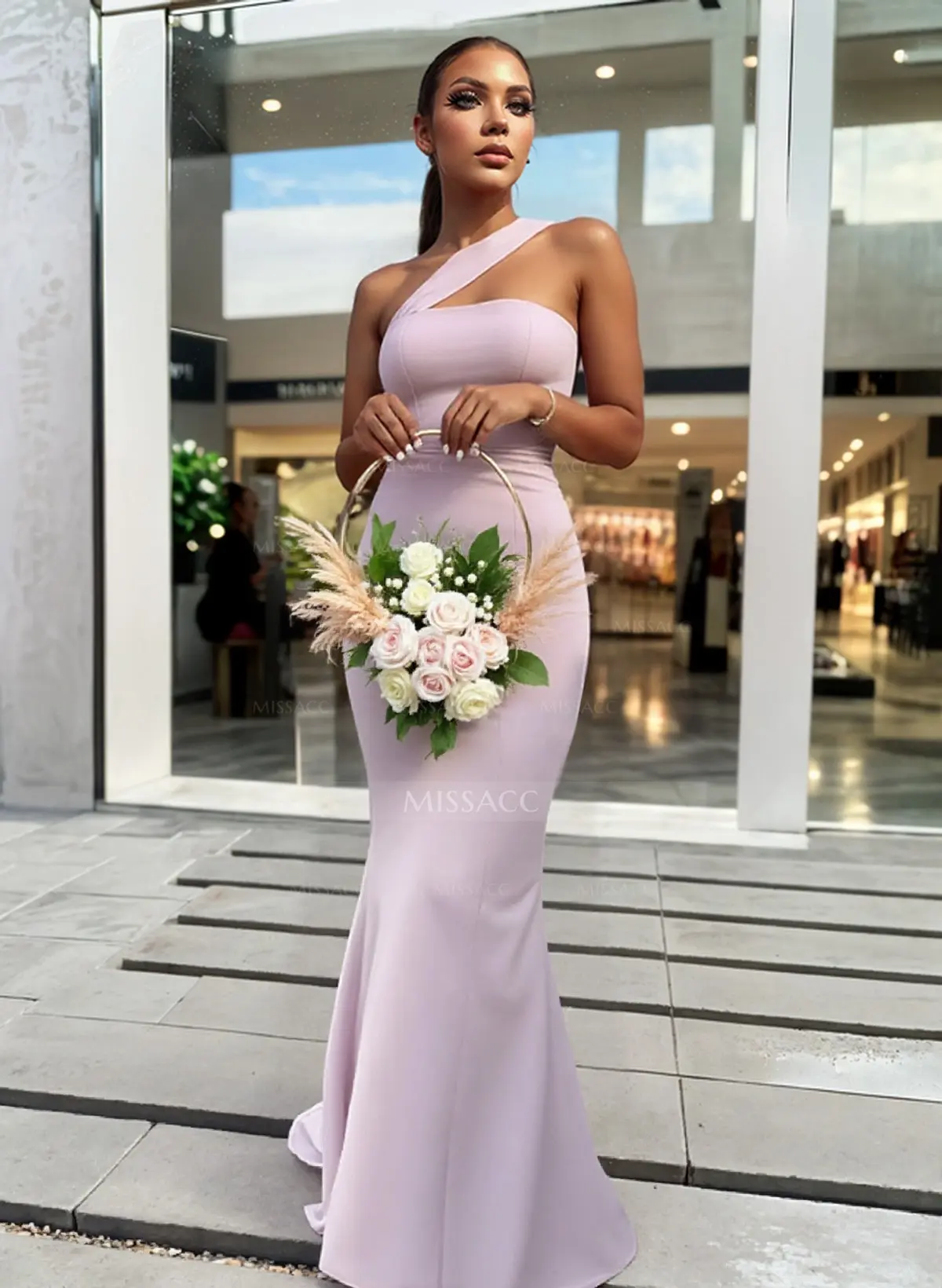 open lace back dress Ashley Lauren 11334 - Soft-Looking One Shoulder Trumpet Gown 12 / Lilac main image 0