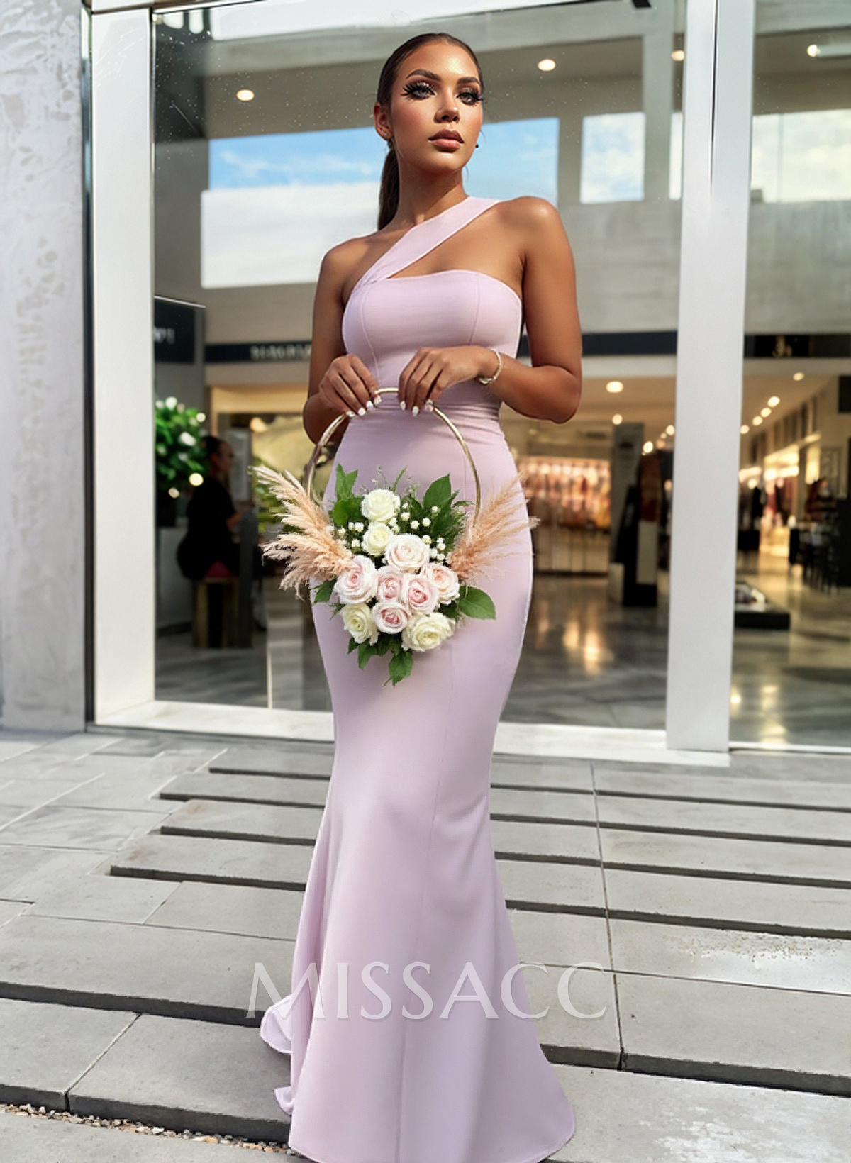 One-Shoulder Trumpet/Mermaid Pink Elastic Satin Bridesmaid Dresses One-Shoulder Trumpet/Mermaid Pink Elastic Satin Bridesmaid Dresses