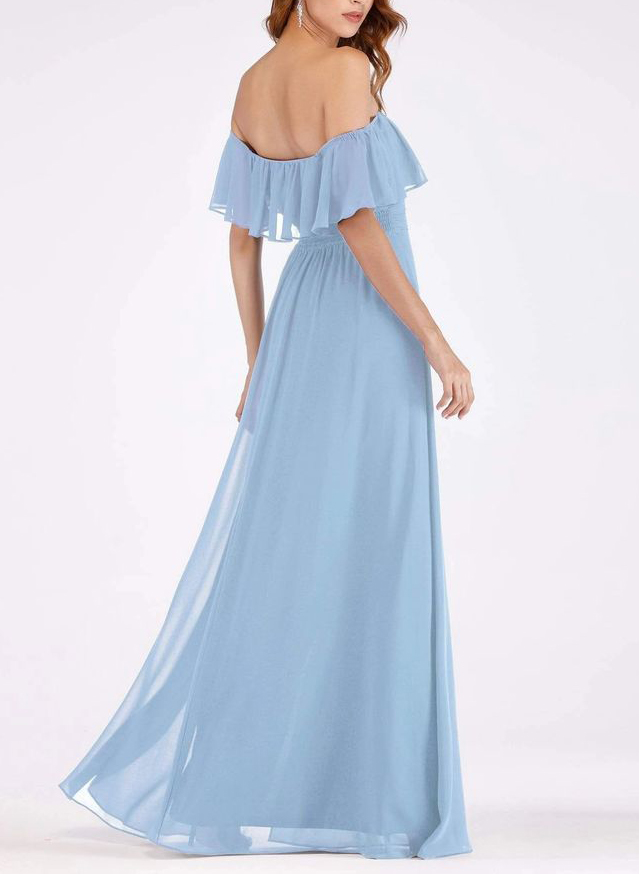 Sky Blue Off-The-Shoulder A-Line Slit Bridesmaid Dresses