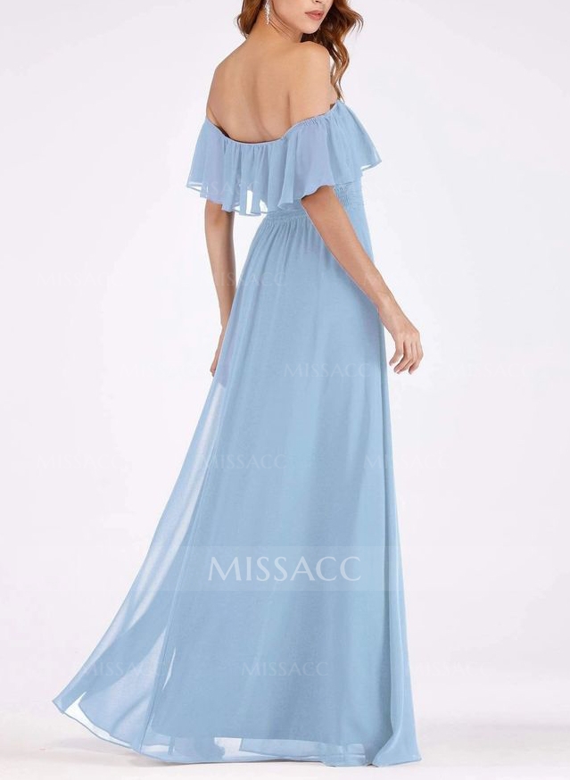 Sky Blue Off-The-Shoulder A-Line Slit Bridesmaid Dresses