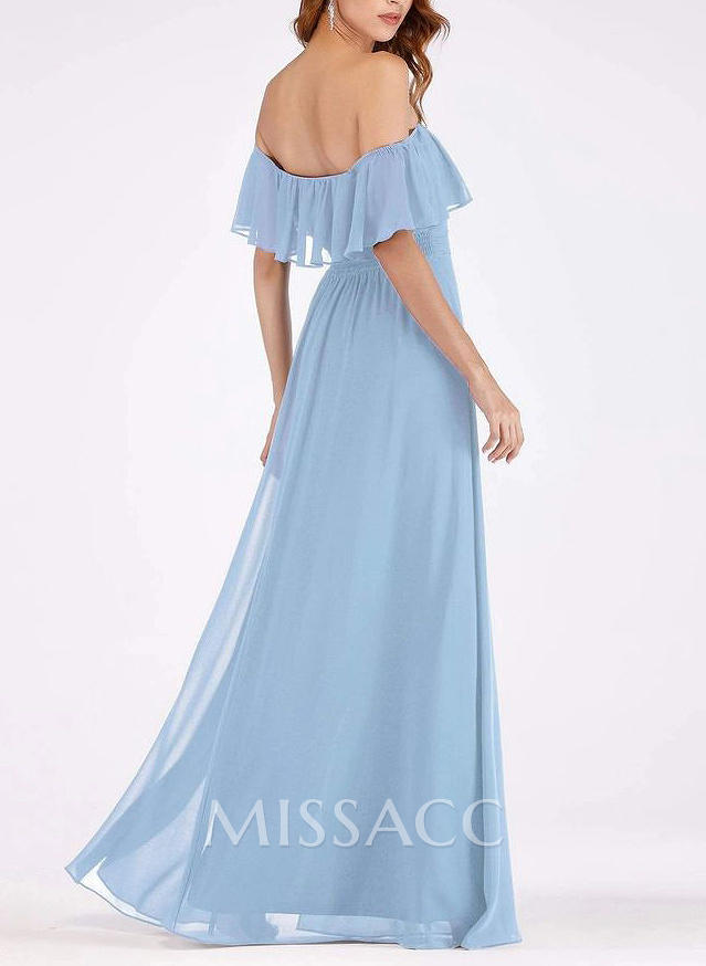 Sky Blue Off-The-Shoulder A-Line Slit Bridesmaid Dresses