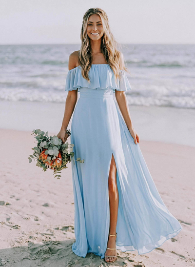 Sky Blue Off-The-Shoulder A-Line Slit Bridesmaid Dresses