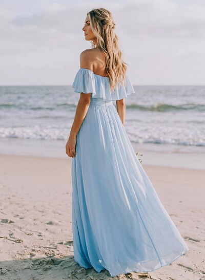 Sky Blue Off-The-Shoulder A-Line Slit Bridesmaid Dresses