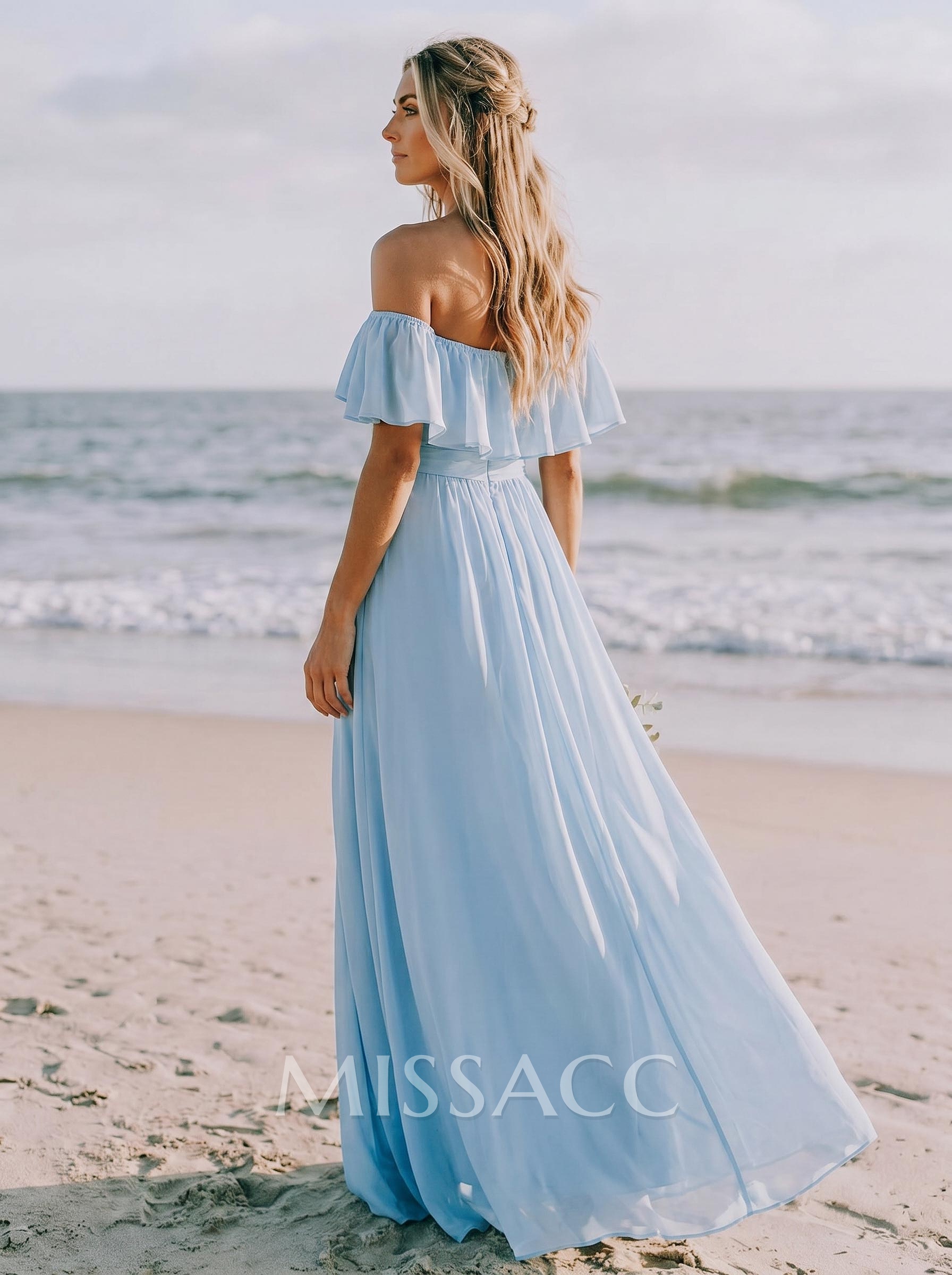 Sky Blue Off-The-Shoulder A-Line Slit Bridesmaid Dresses