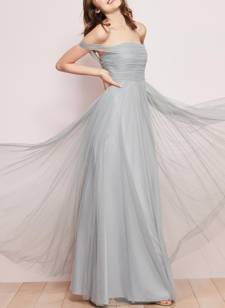 Silver Tulle Off-The-Shoulder Bridesmaid Dresses With Floor-Length