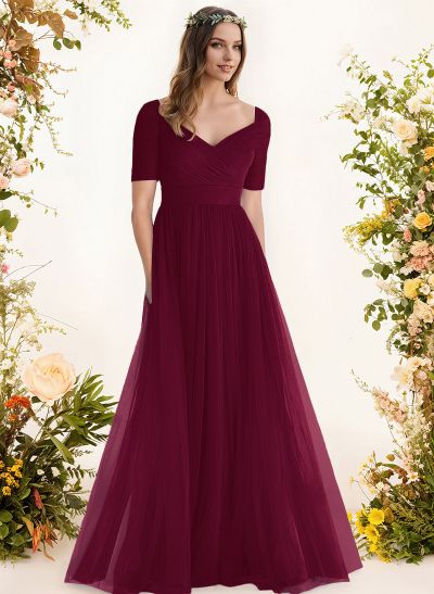 Purple A-Line V-Neck Tulle Bridesmaid Dresses With Ruffles
