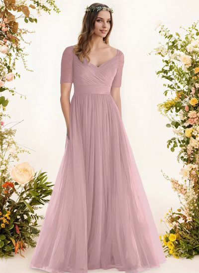 Purple A-Line V-Neck Tulle Bridesmaid Dresses With Ruffles