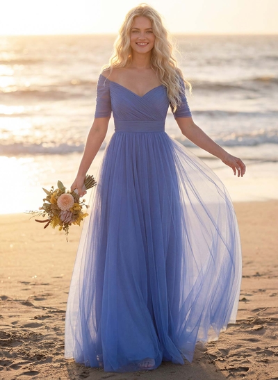 Purple A-Line V-Neck Tulle Bridesmaid Dresses With Ruffles