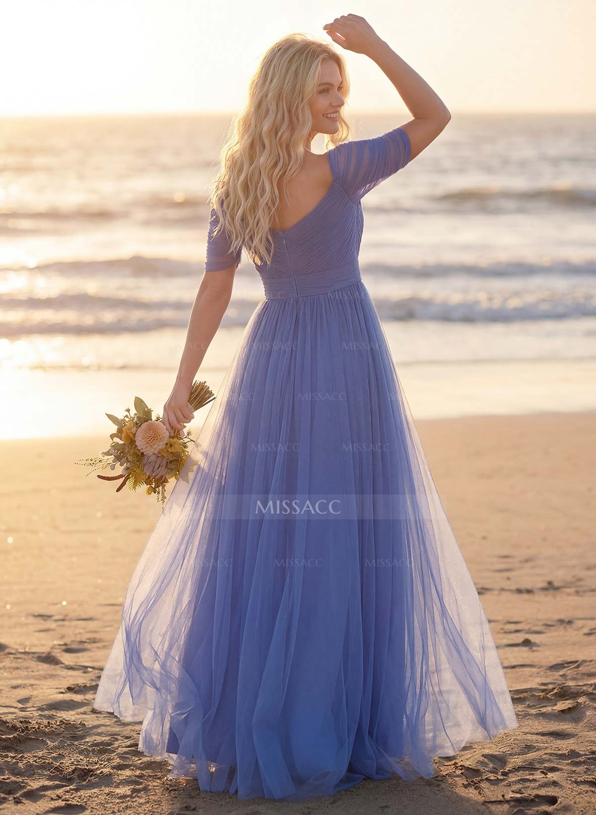 Purple A-Line V-Neck Tulle Bridesmaid Dresses With Ruffles