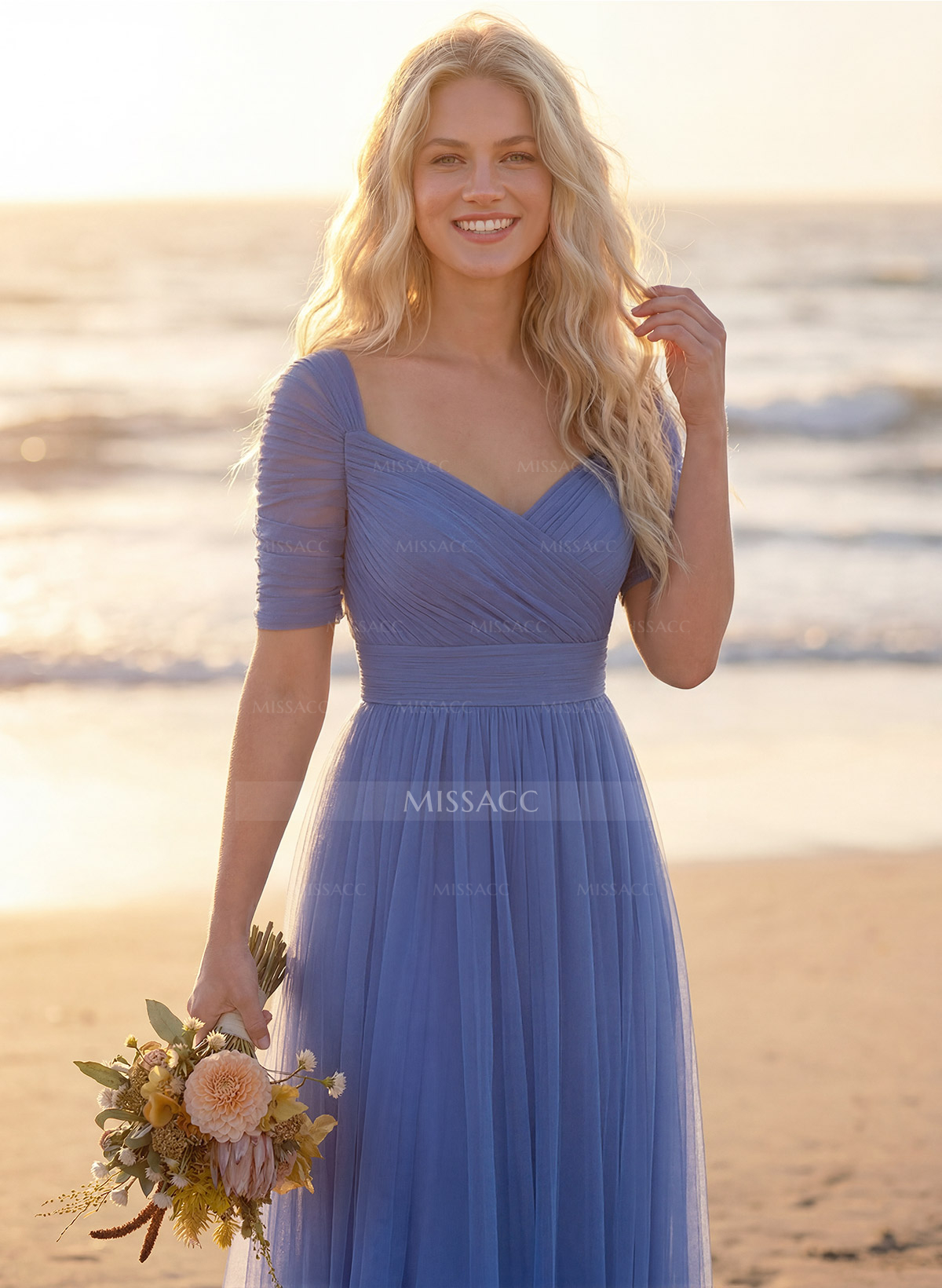 Purple A-Line V-Neck Tulle Bridesmaid Dresses With Ruffles