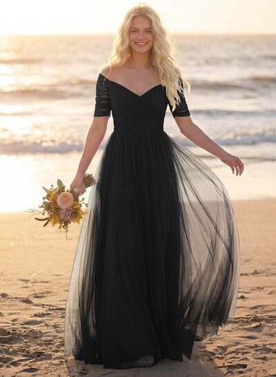 Purple A-Line V-Neck Tulle Bridesmaid Dresses With Ruffles