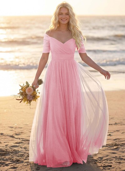 Purple A-Line V-Neck Tulle Bridesmaid Dresses With Ruffles