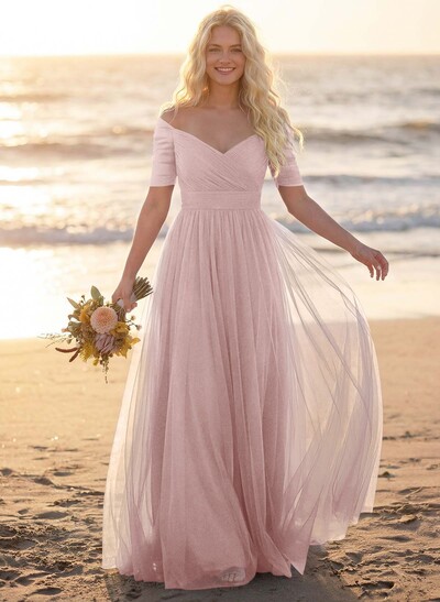 Purple A-Line V-Neck Tulle Bridesmaid Dresses With Ruffles