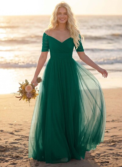 Purple A-Line V-Neck Tulle Bridesmaid Dresses With Ruffles