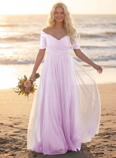 Purple A-Line V-Neck Tulle Bridesmaid Dresses With Ruffles