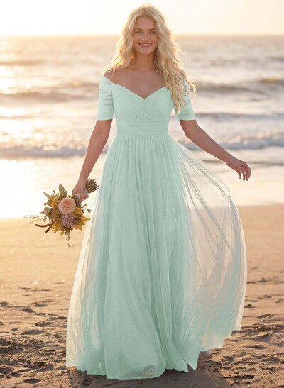 Purple A-Line V-Neck Tulle Bridesmaid Dresses With Ruffles