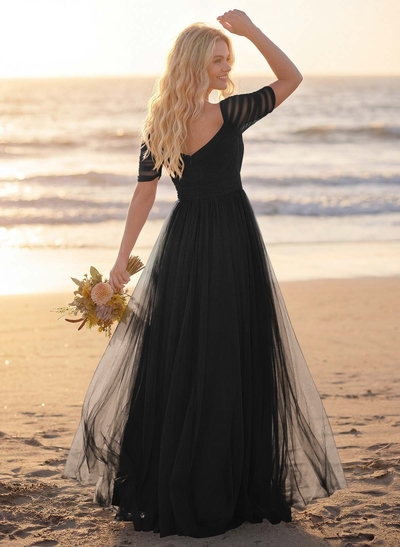 Purple A-Line V-Neck Tulle Bridesmaid Dresses With Ruffles