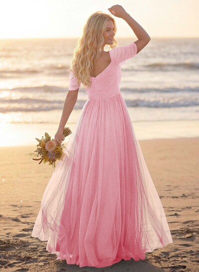 Purple A-Line V-Neck Tulle Bridesmaid Dresses With Ruffles