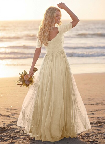 Purple A-Line V-Neck Tulle Bridesmaid Dresses With Ruffles