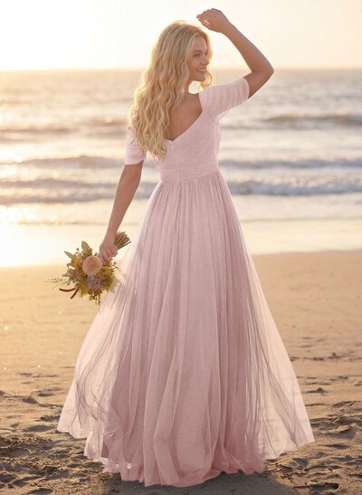 Purple A-Line V-Neck Tulle Bridesmaid Dresses With Ruffles