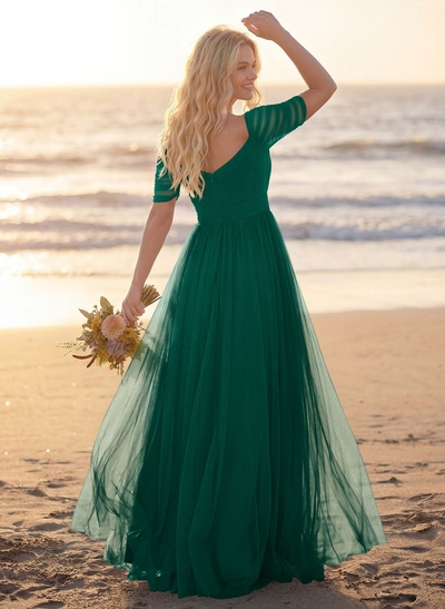 Purple A-Line V-Neck Tulle Bridesmaid Dresses With Ruffles