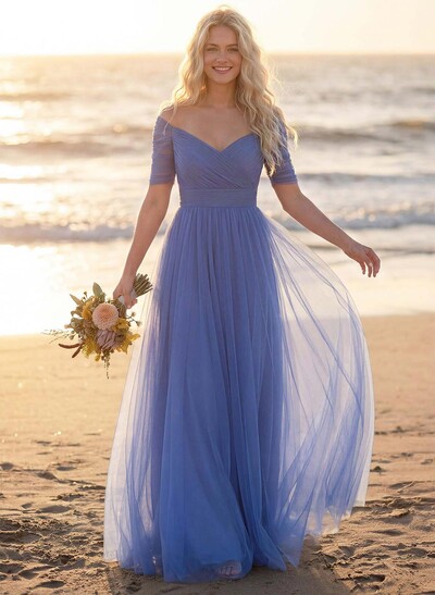Purple A-Line V-Neck Tulle Bridesmaid Dresses With Ruffles