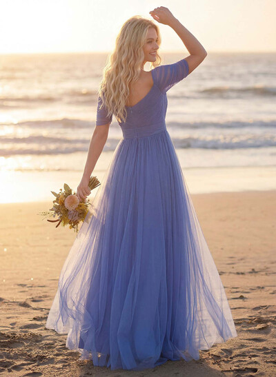 Purple A-Line V-Neck Tulle Bridesmaid Dresses With Ruffles