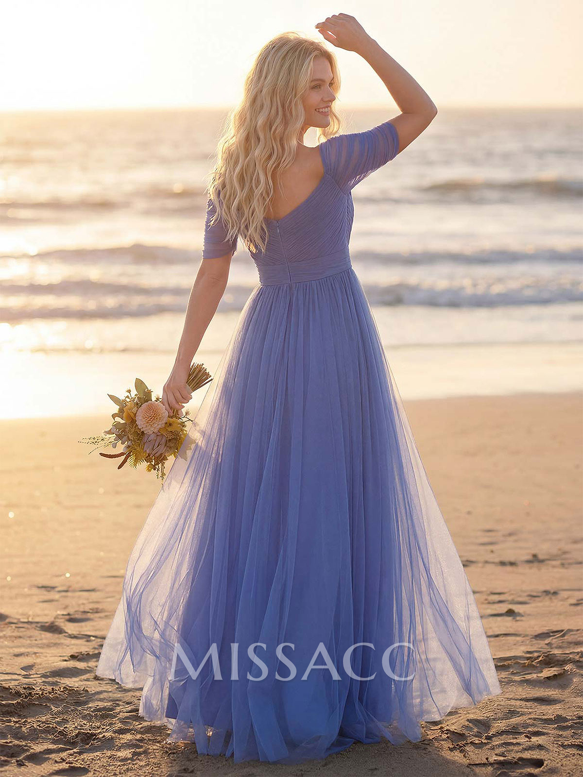 Purple A-Line V-Neck Tulle Bridesmaid Dresses With Ruffles