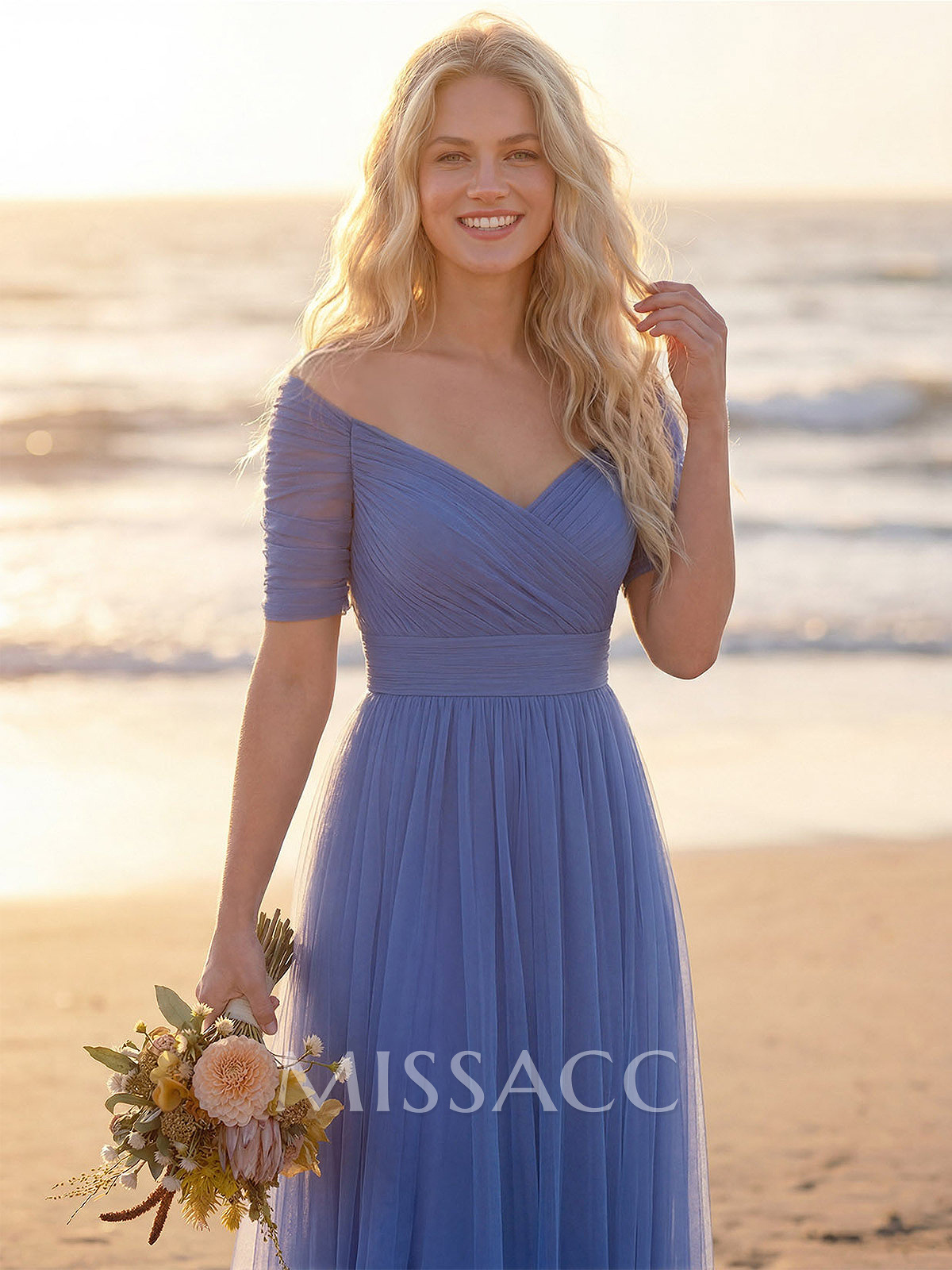 Purple A-Line V-Neck Tulle Bridesmaid Dresses With Ruffles