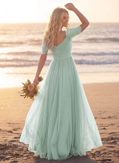Purple A-Line V-Neck Tulle Bridesmaid Dresses With Ruffles