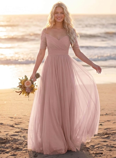 Purple A-Line V-Neck Tulle Bridesmaid Dresses With Ruffles