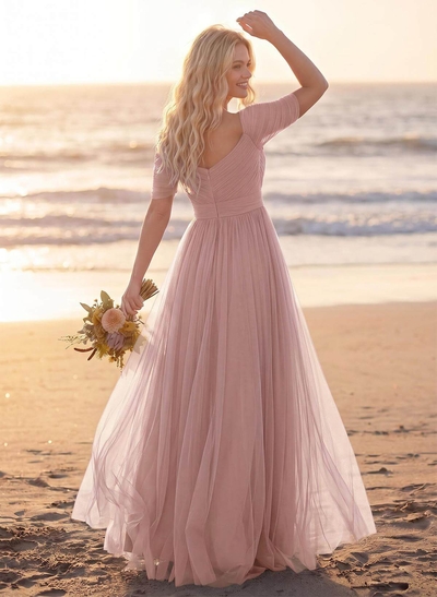 Purple A-Line V-Neck Tulle Bridesmaid Dresses With Ruffles