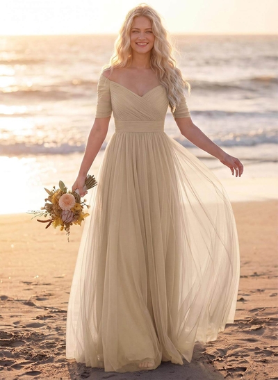 Purple A-Line V-Neck Tulle Bridesmaid Dresses With Ruffles