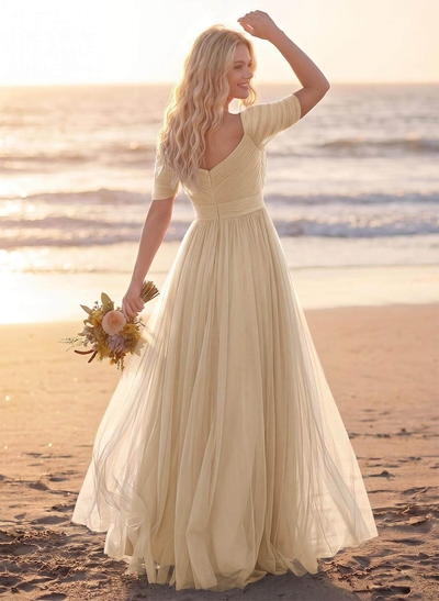 Purple A-Line V-Neck Tulle Bridesmaid Dresses With Ruffles