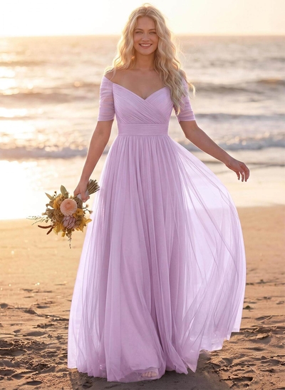 Purple A-Line V-Neck Tulle Bridesmaid Dresses With Ruffles