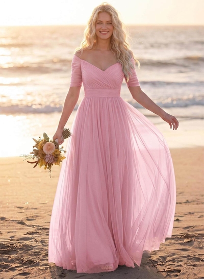 Purple A-Line V-Neck Tulle Bridesmaid Dresses With Ruffles