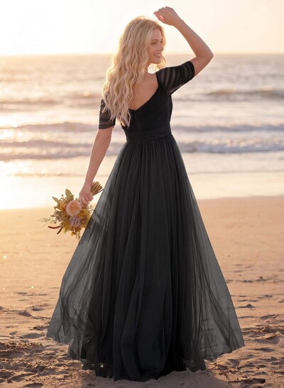 Purple A-Line V-Neck Tulle Bridesmaid Dresses With Ruffles