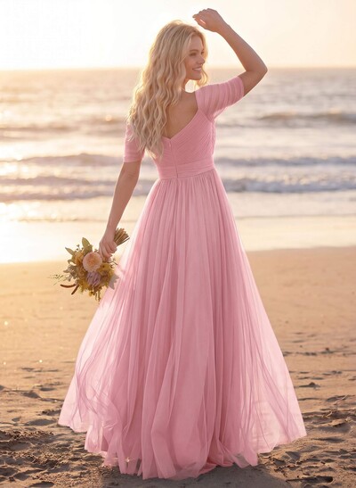Purple A-Line V-Neck Tulle Bridesmaid Dresses With Ruffles
