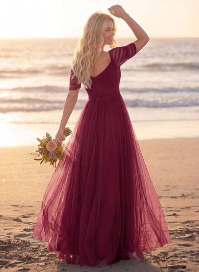 Purple A-Line V-Neck Tulle Bridesmaid Dresses With Ruffles
