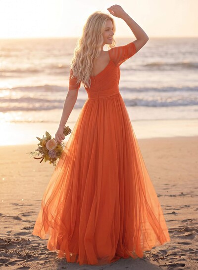 Purple A-Line V-Neck Tulle Bridesmaid Dresses With Ruffles