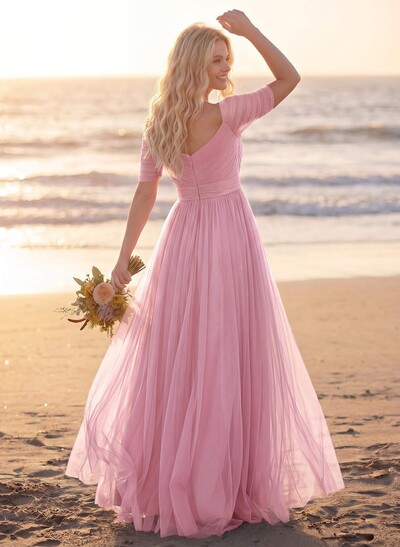 Purple A-Line V-Neck Tulle Bridesmaid Dresses With Ruffles