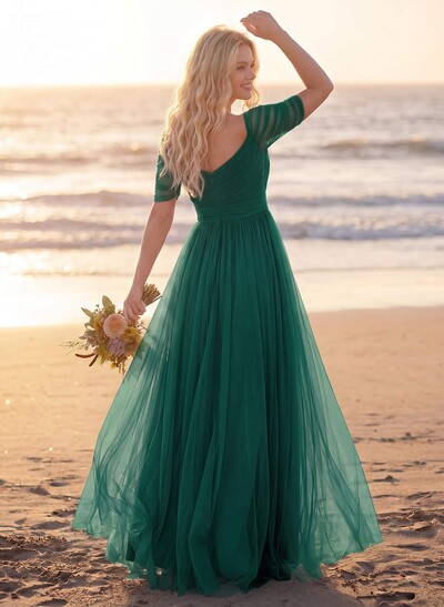 Purple A-Line V-Neck Tulle Bridesmaid Dresses With Ruffles