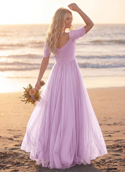 Purple A-Line V-Neck Tulle Bridesmaid Dresses With Ruffles