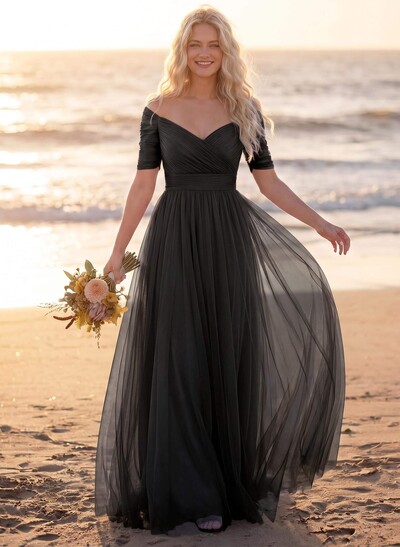 Purple A-Line V-Neck Tulle Bridesmaid Dresses With Ruffles