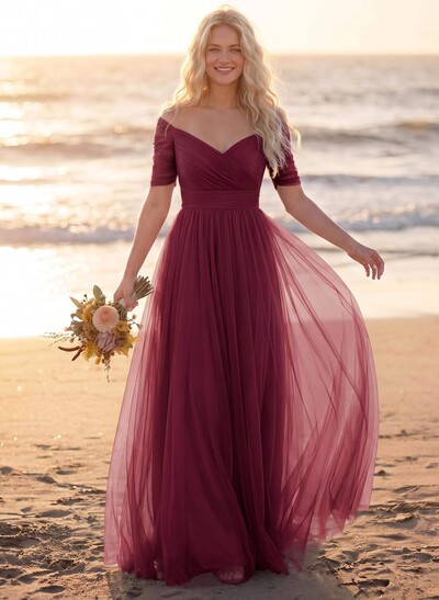 Purple A-Line V-Neck Tulle Bridesmaid Dresses With Ruffles
